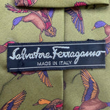 Ferragamo Mens Green Silk Tie Mallard Duck Animal Print Made In Italy