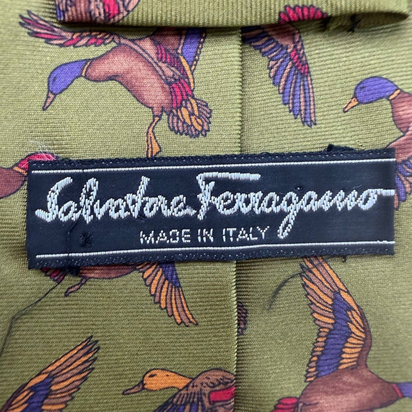 Ferragamo Mens Green Silk Tie Mallard Duck Animal Print Made In Italy