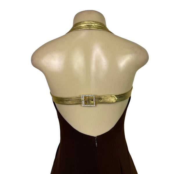 Cache Womens Brown Halter Maxi Gown With Metallic Gold Straps Sz 4