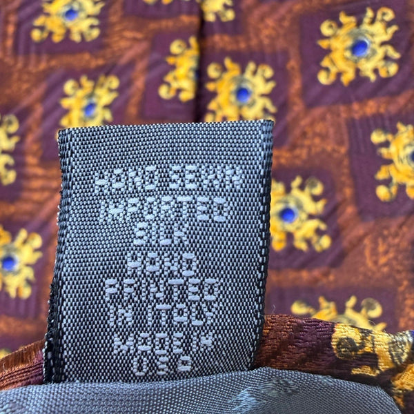 Robert Talbott Extra-Long Silk Mens Patterned Tie Brown/Yellow/Blue Hand Sewn