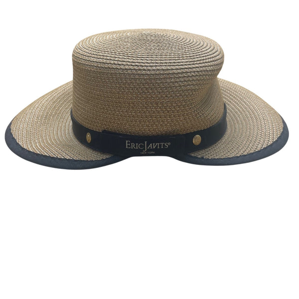 Eric Javits Womens Natural & Black Squishee Straw Sun Hat Adjustable Band OS