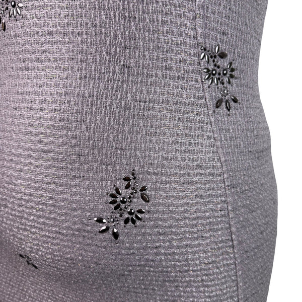 St. John Women’s Silver Sheath Metallic Dress Embroidered Short Sleeve Sz 12