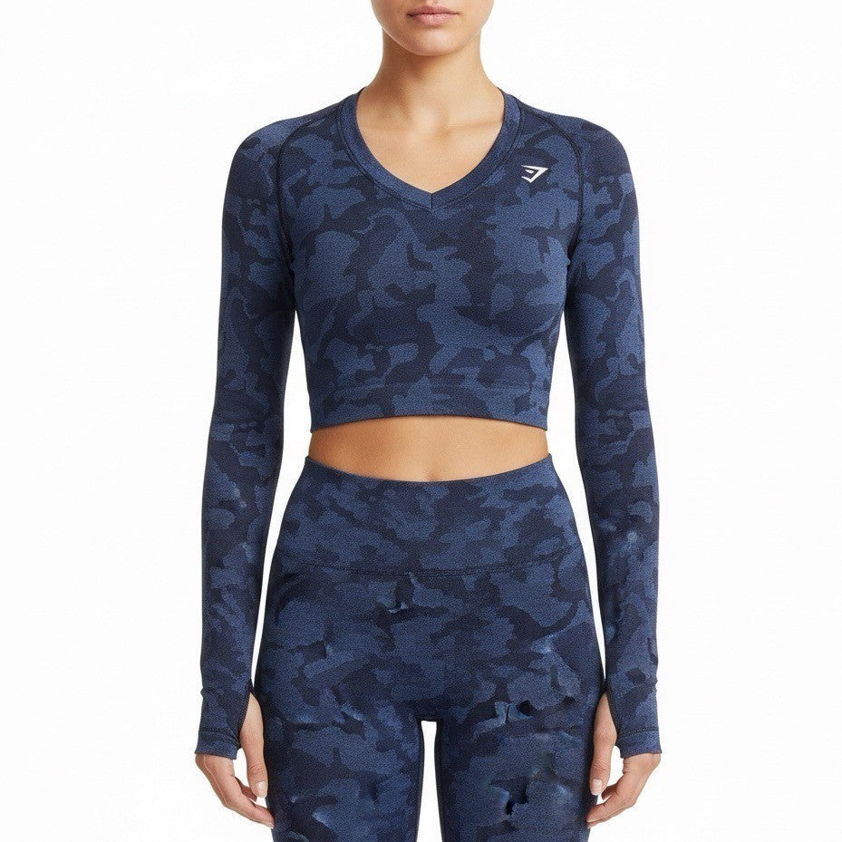 Gymshark Womens Blue Nylon Blend Cropped Camo Long Sleeve Top XS
