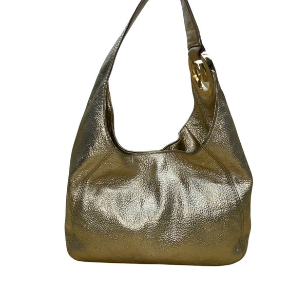 Michael Kors Women’s Gold Metallic Textured Leather Hobo Bag Logo Charm Accent