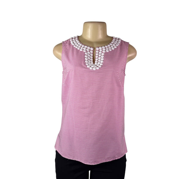 Talbots Womens Pink & White Striped Sleeveless Top With Beaded Neck Sz 4P - New