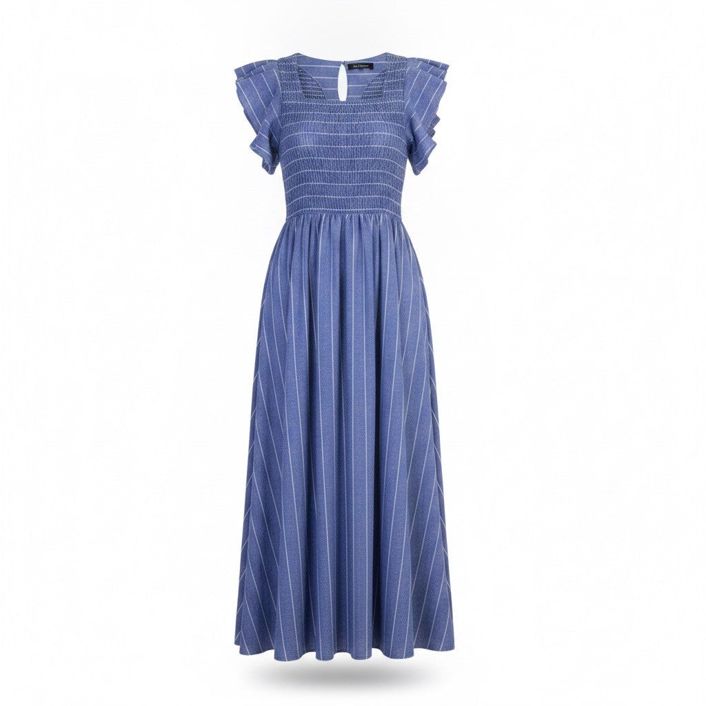 Simplee Womens Blue Cotton Linen Stripe Midi Dress Size Small