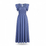 Simplee Womens Blue Cotton Linen Stripe Midi Dress Size Small