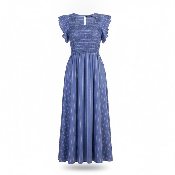 Simplee Womens Blue Cotton Linen Stripe Midi Dress Size Small