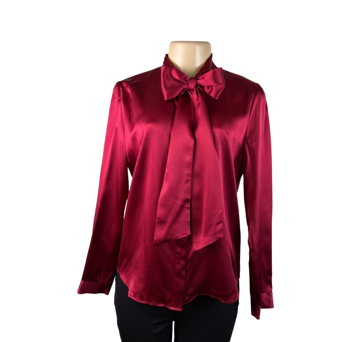 LilySilk Womens Red 100% Mulberry Silk Long-Sleeve Bow Blouse Luxury Design Sz M