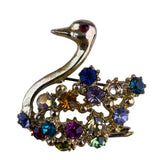 Gold-Tone Metal Multicolor Rhinestone Swan Brooch Pin Womens Jewelry