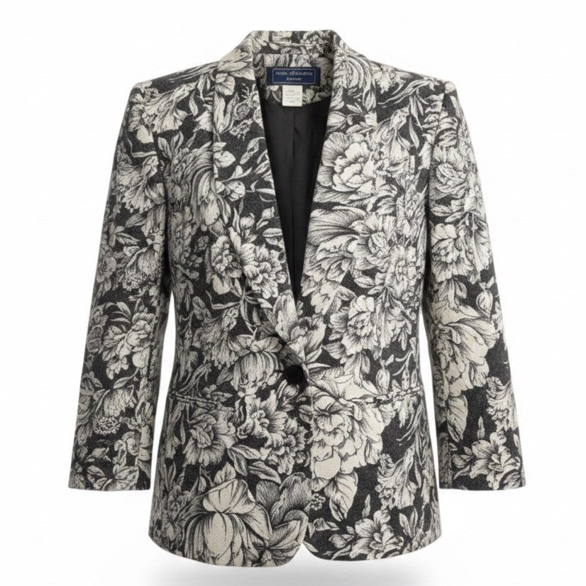 Norton McNaughton Womens Black/White Wool Blend Floral Print Blazer Jacket Sz 4