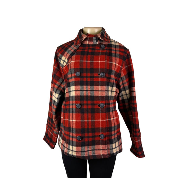 Woolrich Womens Red Plaid Wool Blend Double-Breasted Jacket Winter Coat Size L