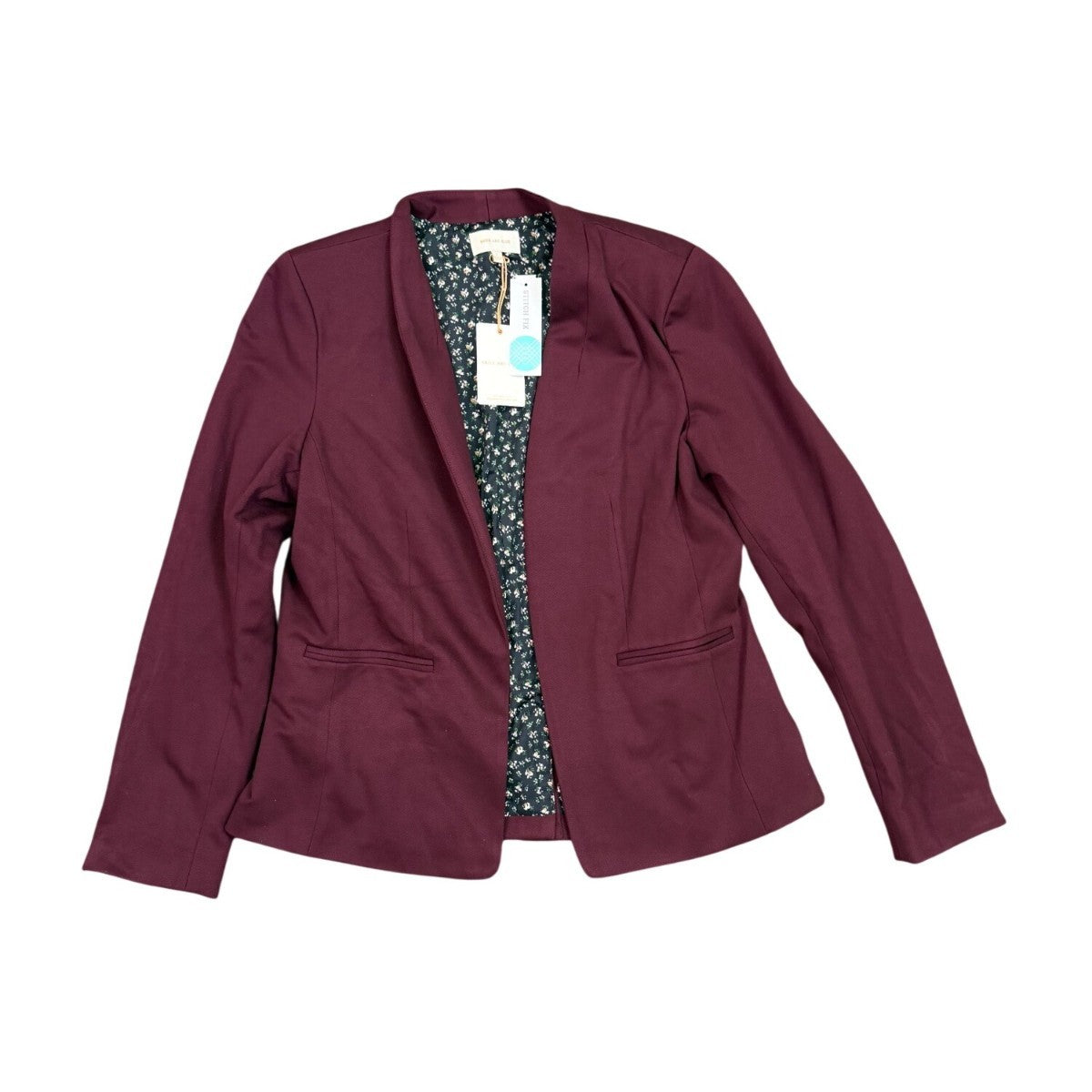 Skies Are Blue Womens Burgundy Open-Front Blazer Floral Lining Size L