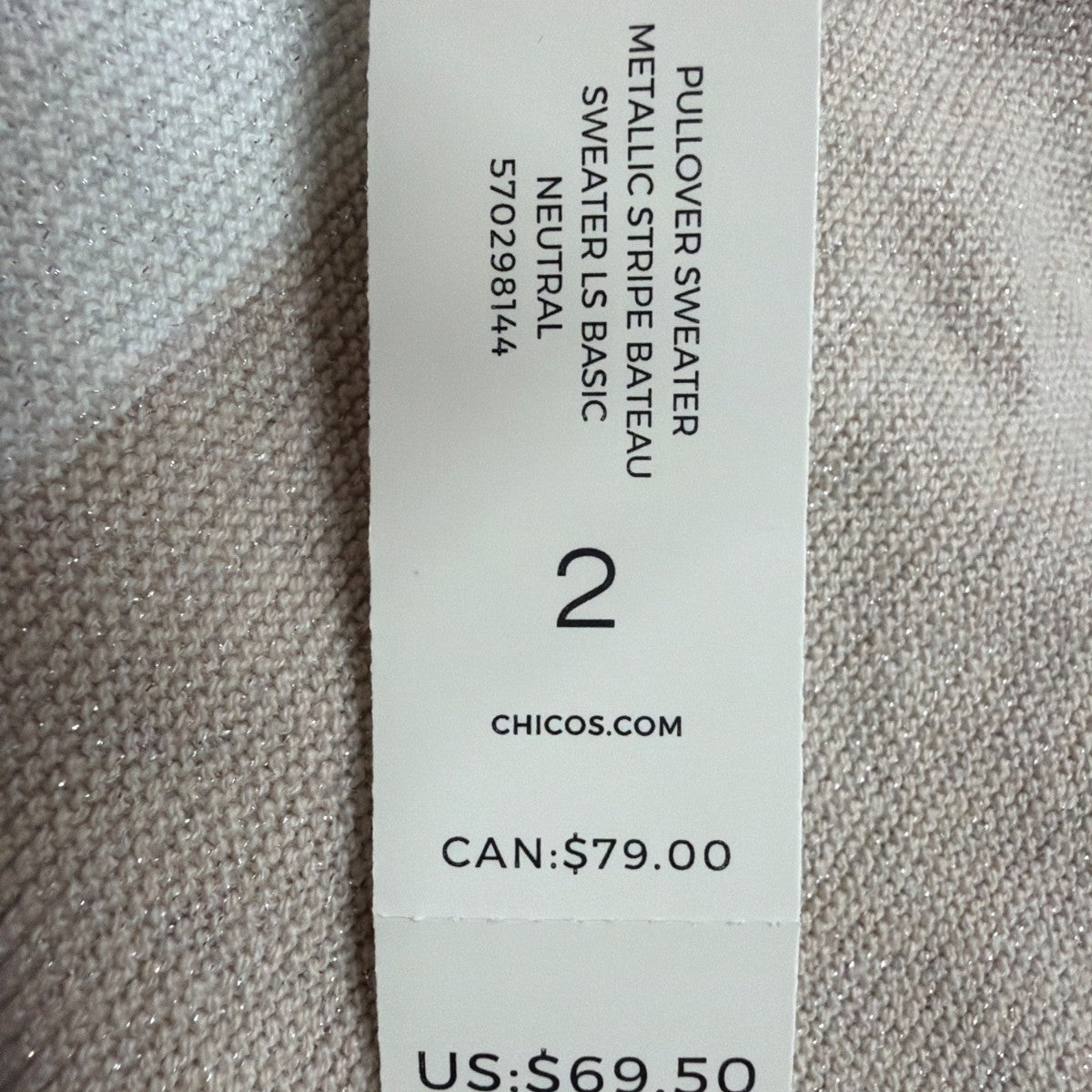 Chicos Womens Neutral Metallic Stripe Cotton Blend Pullover Sweater Size Large