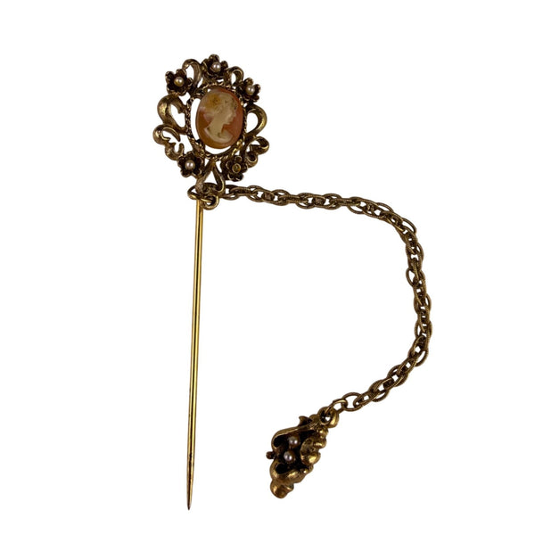 Vintage Gold Tone Floral Cameo Stick Pin W/Chain Ornate Design Various Metal