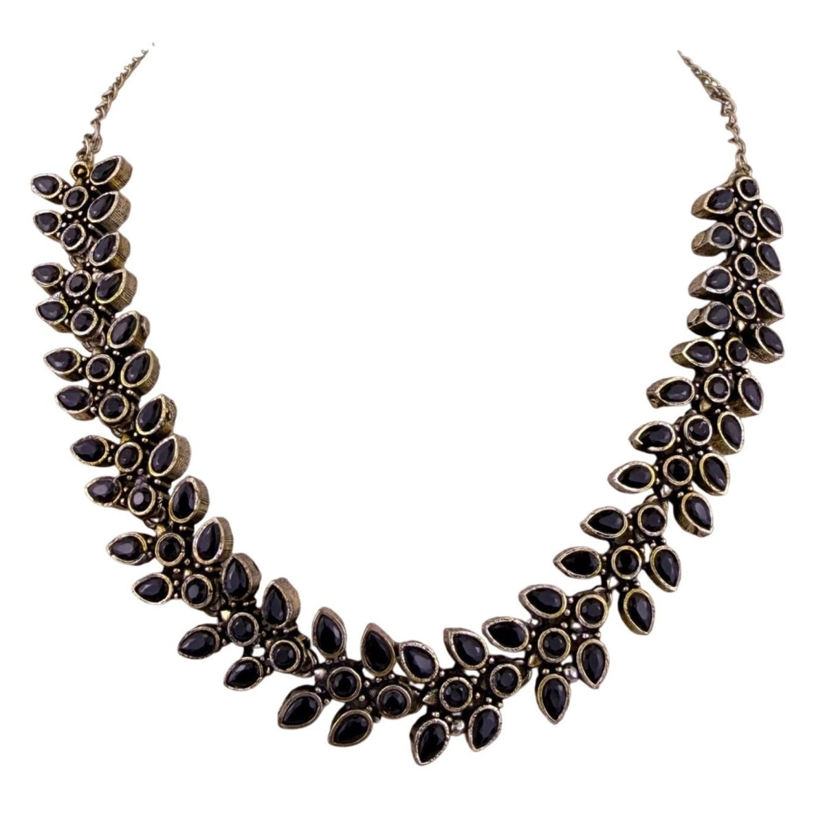 Vintage Womens Black & Gold Tone Metal Leaf Motif Costume Necklace Length 
