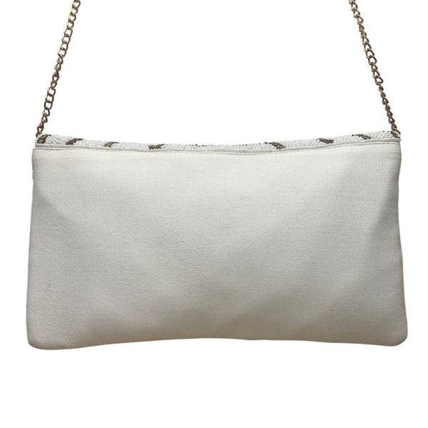 White & Gold Zigzag Pattern  Beaded Envelope Clutch with Chain Strap