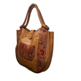 Handcrafted Women’s Brown Leather With Red Floral Details Peacock-Print Tote Bag