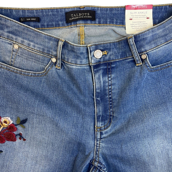 Talbots Women's Blue Medium Wash Embroidered Mid-Rise Jeans Sz 6 - New