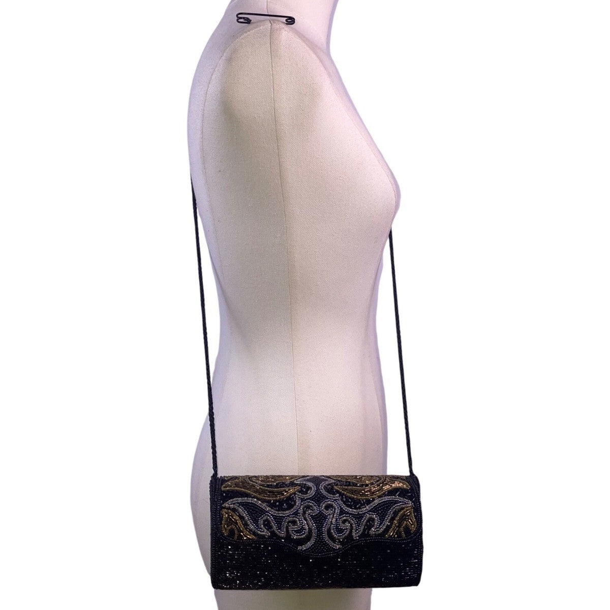Milor Women’s Black & Gold Beaded Cylindrical Floral Design Shoulder Bag Clutch