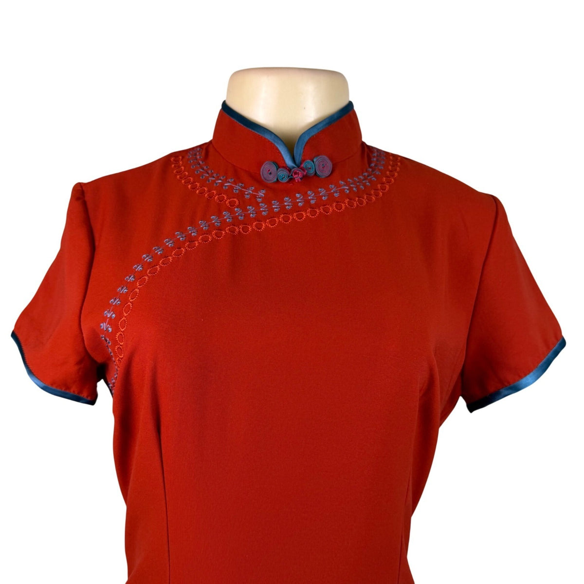 Womens Red Cheongsam Qipao Dress With Blue Trim & Embroidery Elegant Style Sz XL