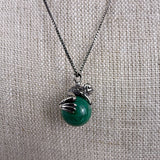 Sterling Silver 925 Womens Green Malachite Frog Pendant Necklace