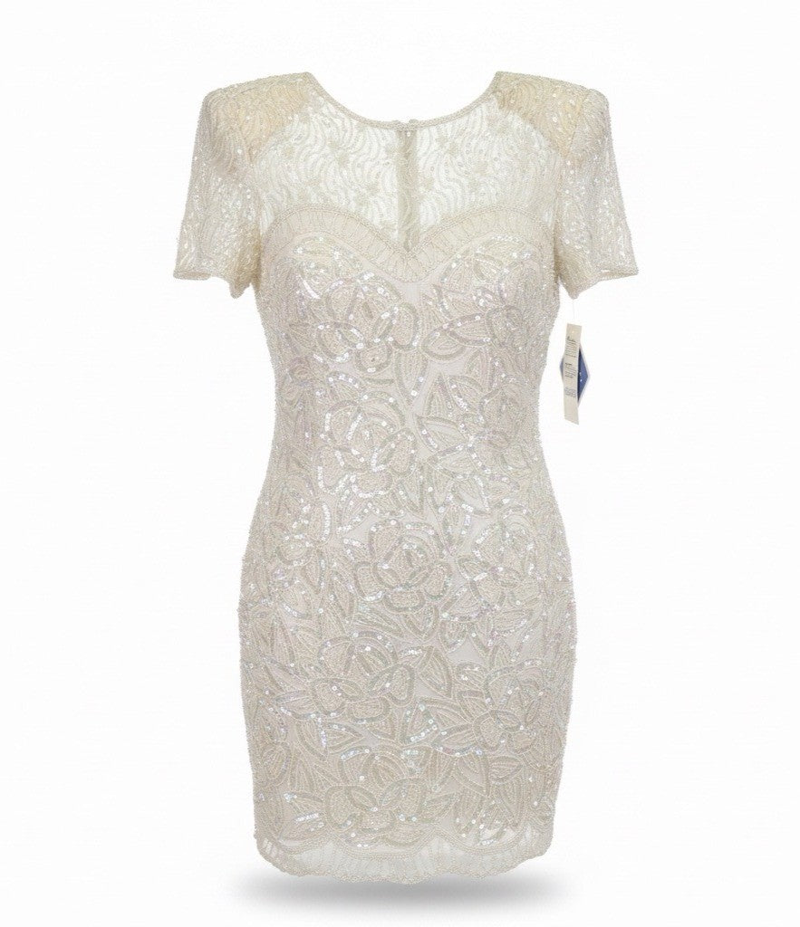 Sweelo Womens Ivory Silk Beaded Short Sleeve Dress Elegant Sequins Layered Sz XL