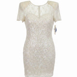 Sweelo Womens Ivory Silk Beaded Short Sleeve Dress Elegant Sequins Layered Sz XL