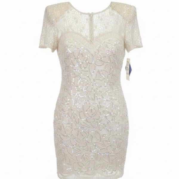 Sweelo Womens Ivory Silk Beaded Short Sleeve Dress Elegant Sequins Layered Sz XL