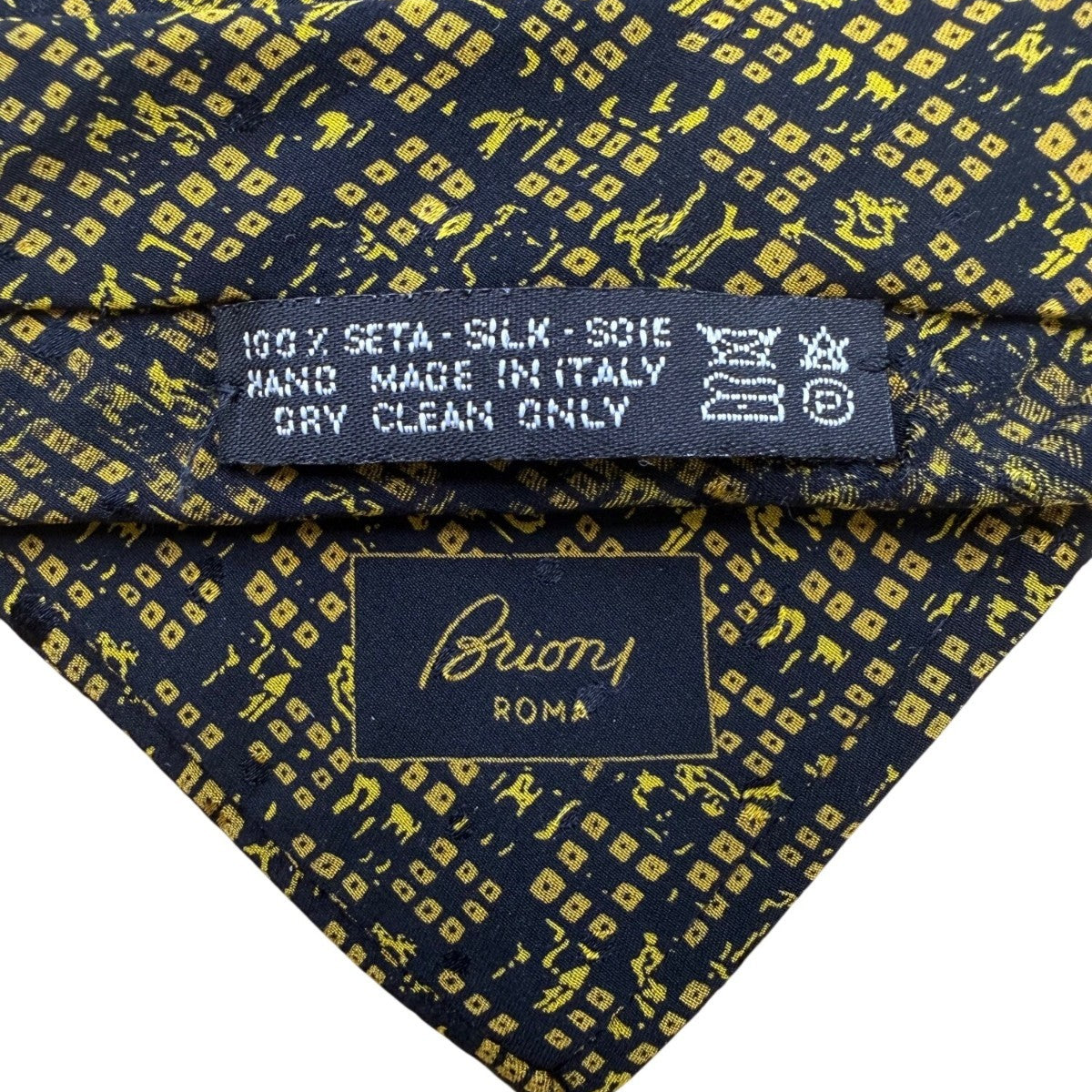 Brioni Mens Navy Yellow Silk Tie Geometric Pattern Handmade In Italy 3.5" Wide