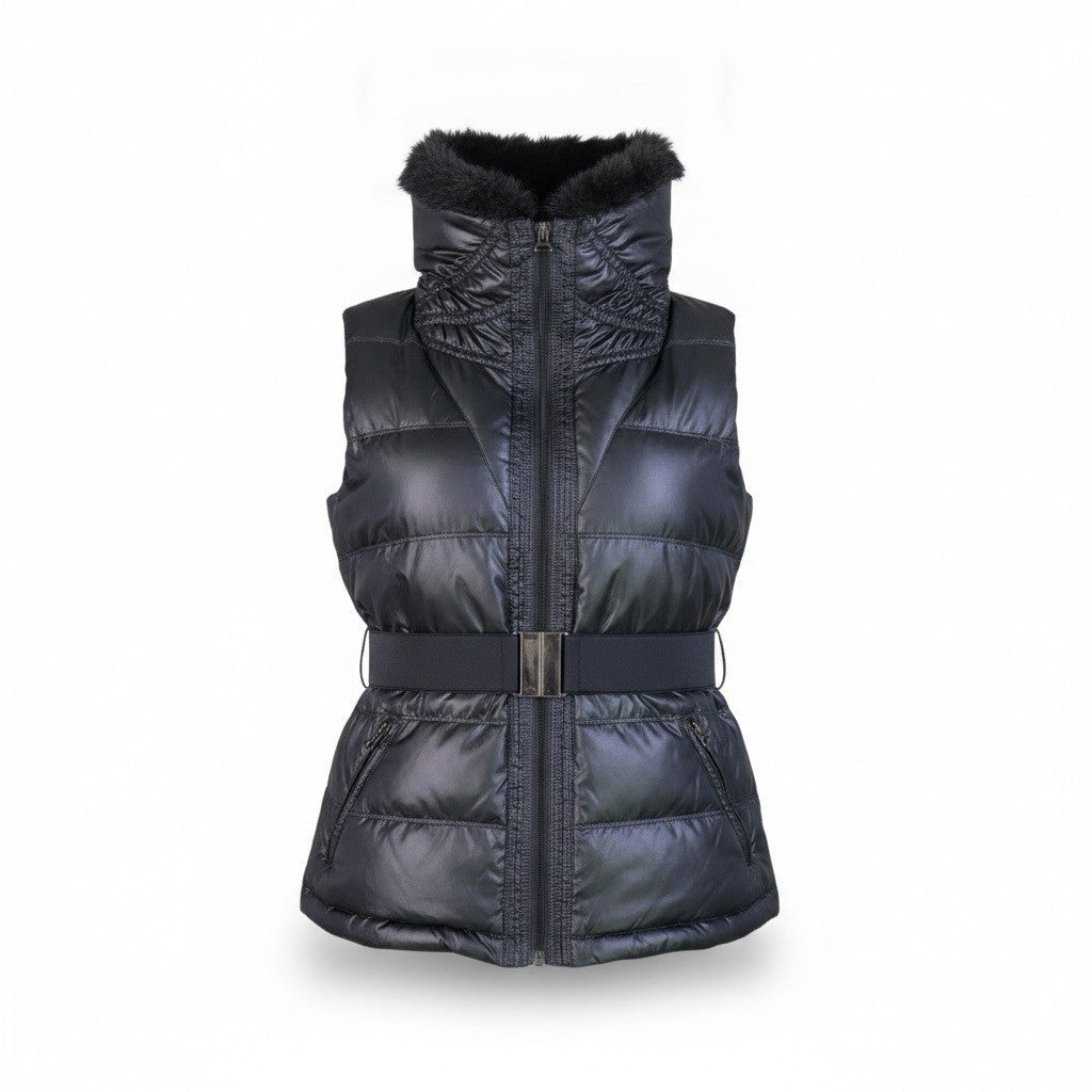 Zara Basic Womens Black Down Puffer Vest Faux Fur Collar Belted Quilted Size M