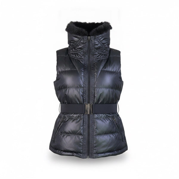 Zara Basic Womens Black Down Puffer Vest Faux Fur Collar Belted Quilted Size M