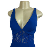 Elegant Lace Blue Sleeveless Dress With Deep V-Neck New