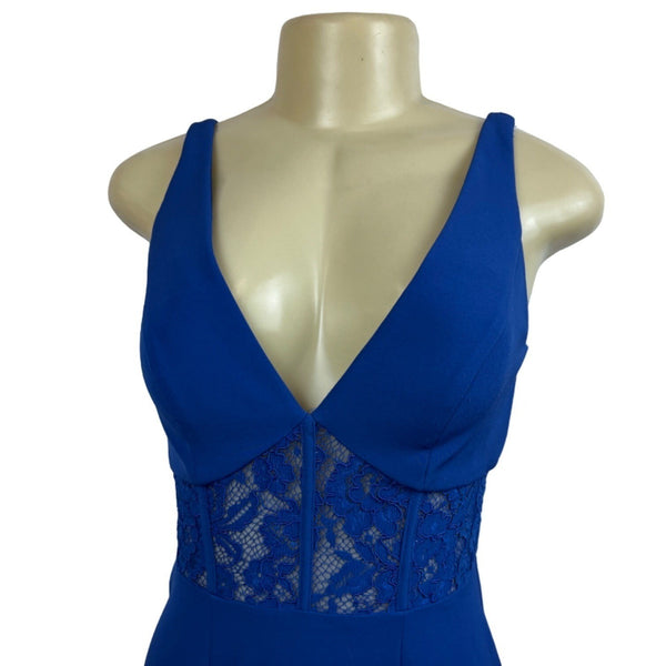 Elegant Lace Blue Sleeveless Dress With Deep V-Neck New