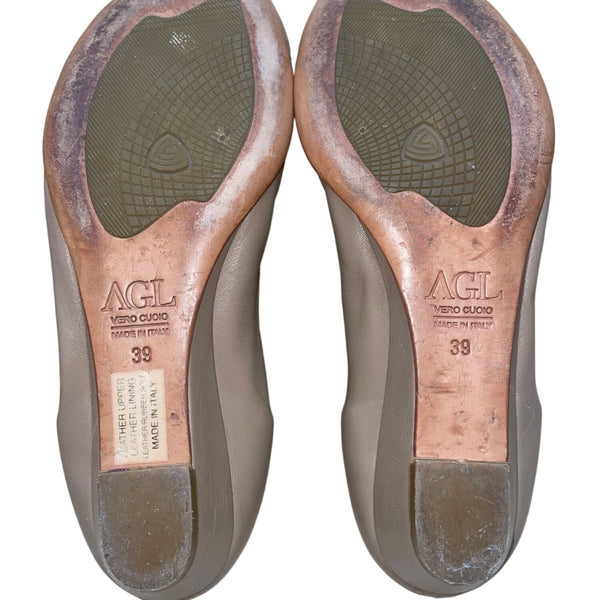 AGL Women’s Beige Brown Leather Buckle Accent Ballet Style Flats Size 39