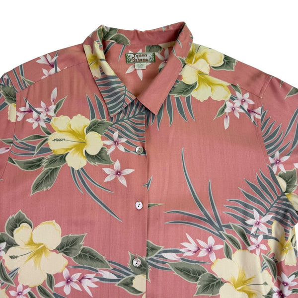 Tommy Bahama Mens Pink Floral 100% Silk Hawaiian Shirt Size L