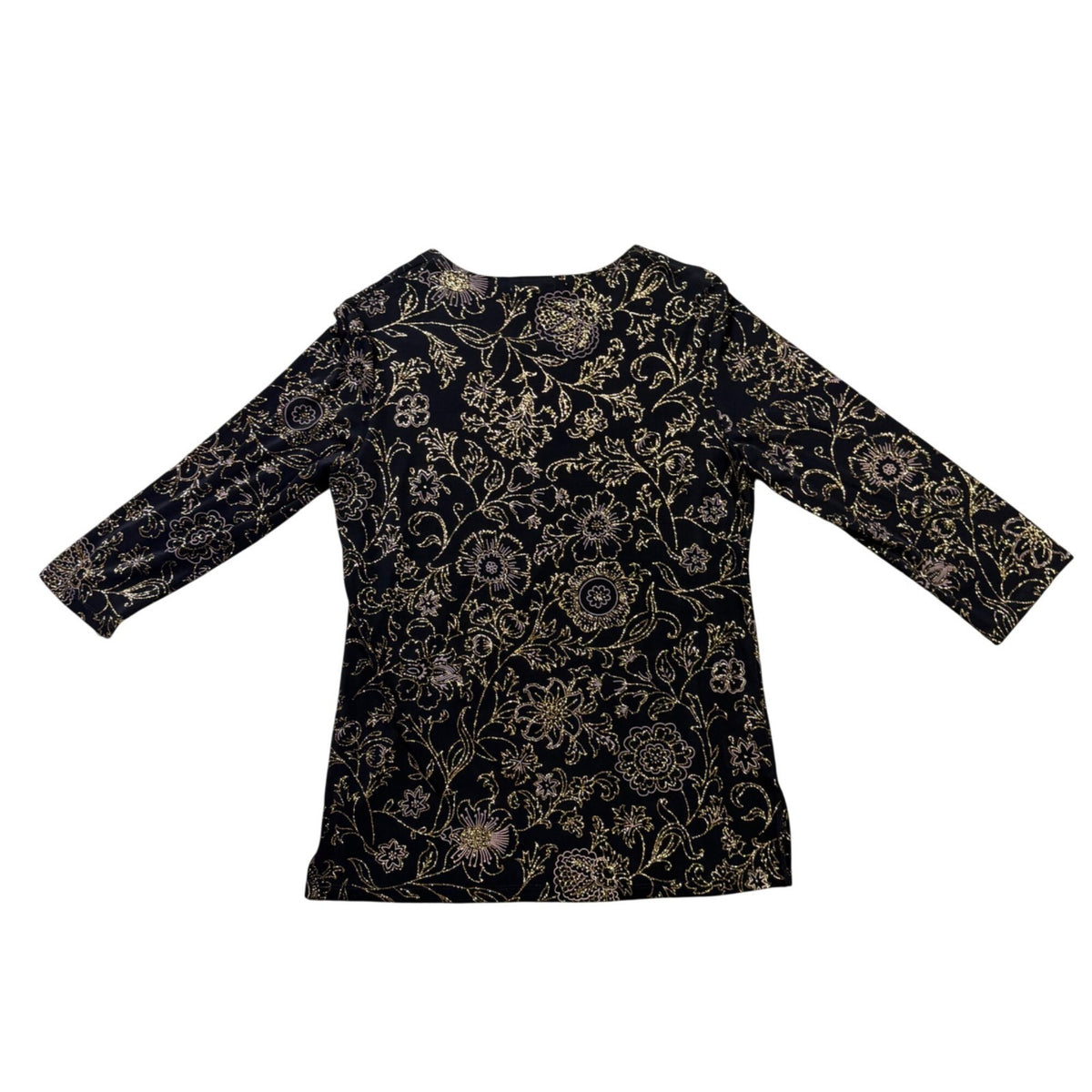 Notations Womens Black Floral Stretch Blouse Glitter Accents Size S