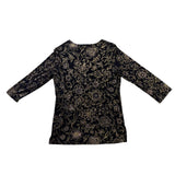 Notations Womens Black Floral Stretch Blouse Glitter Accents Size S