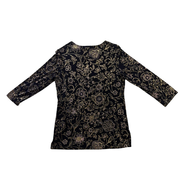 Notations Womens Black Floral Stretch Blouse Glitter Accents Size S