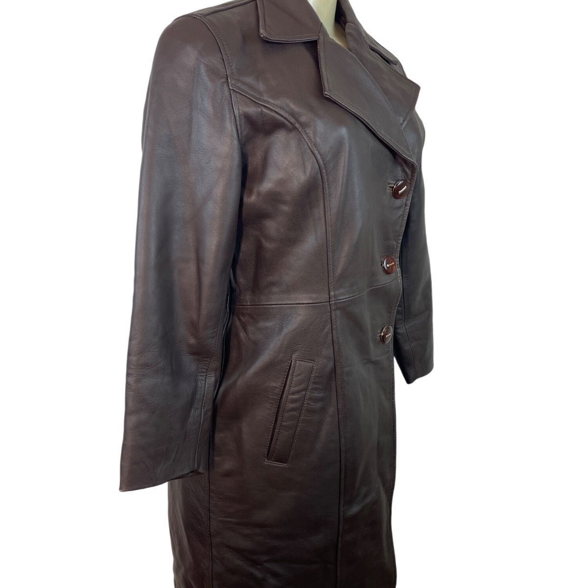 Womens Brown Leather Button-Up Trench Coat With Faux Fur Lining