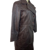 Womens Brown Leather Button-Up Trench Coat With Faux Fur Lining