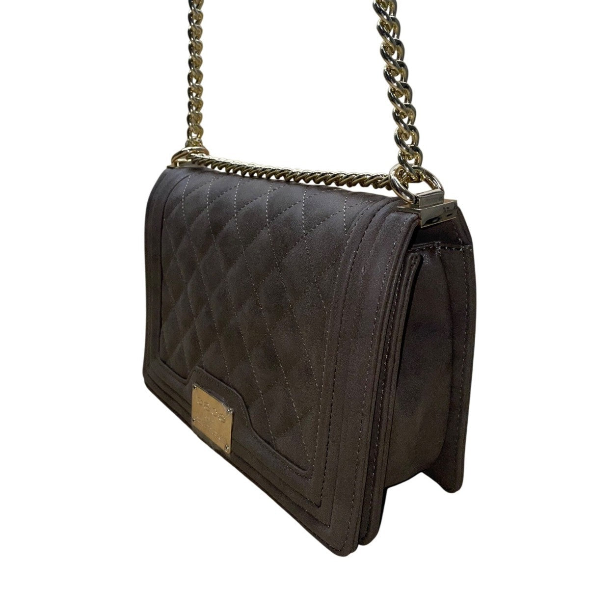 Bebe Women’s Gray Faux Leather Quilted With Gold Chain Strap Shoulder Bag