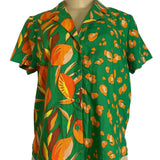 Vintage Green Short-Sleeve Button-Up Blouse With Orange Fruit & Leopard Print Li