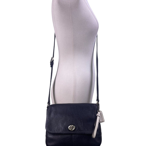 Coach Women’s Black Pebbled Leather Adjustable Strap Silver-Tone Crossbody Bag