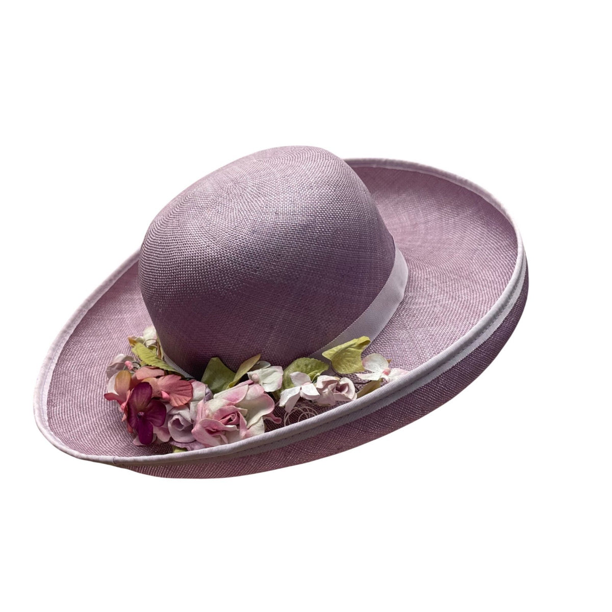 Kathy Jeanne Womens Lilac Straw Floral Derby Hat Elegant Ribbon Wide Brim Handma