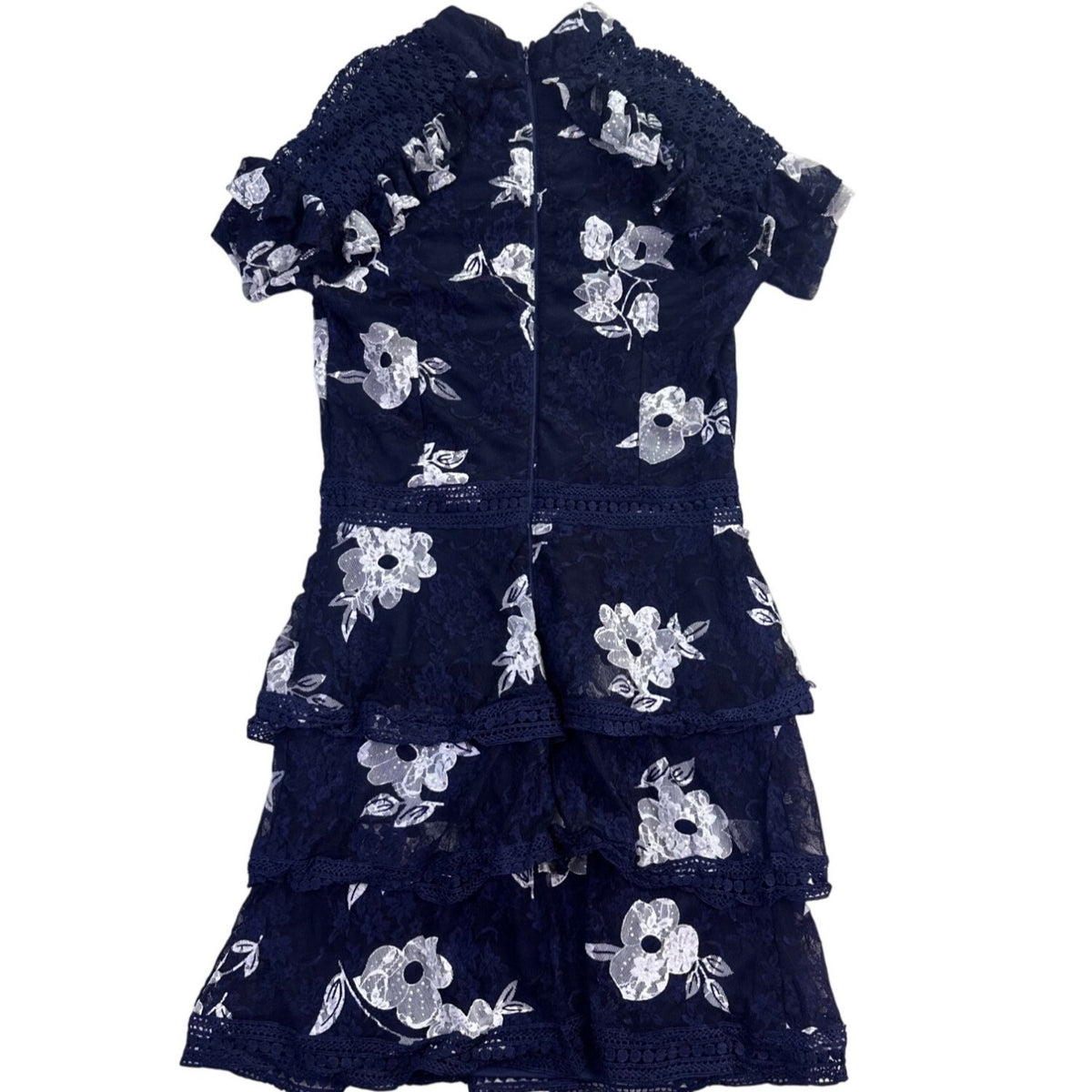 AX Paris Womens Navy Lace Floral Mini Dress Elegant Ruffle Details Size 10