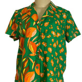 Vintage Green Short-Sleeve Button-Up Blouse With Orange Fruit & Leopard Print Li