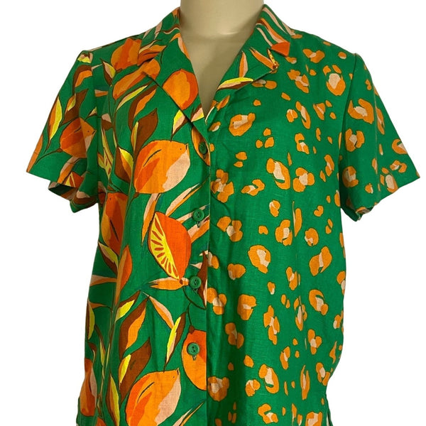 Vintage Green Short-Sleeve Button-Up Blouse With Orange Fruit & Leopard Print Li