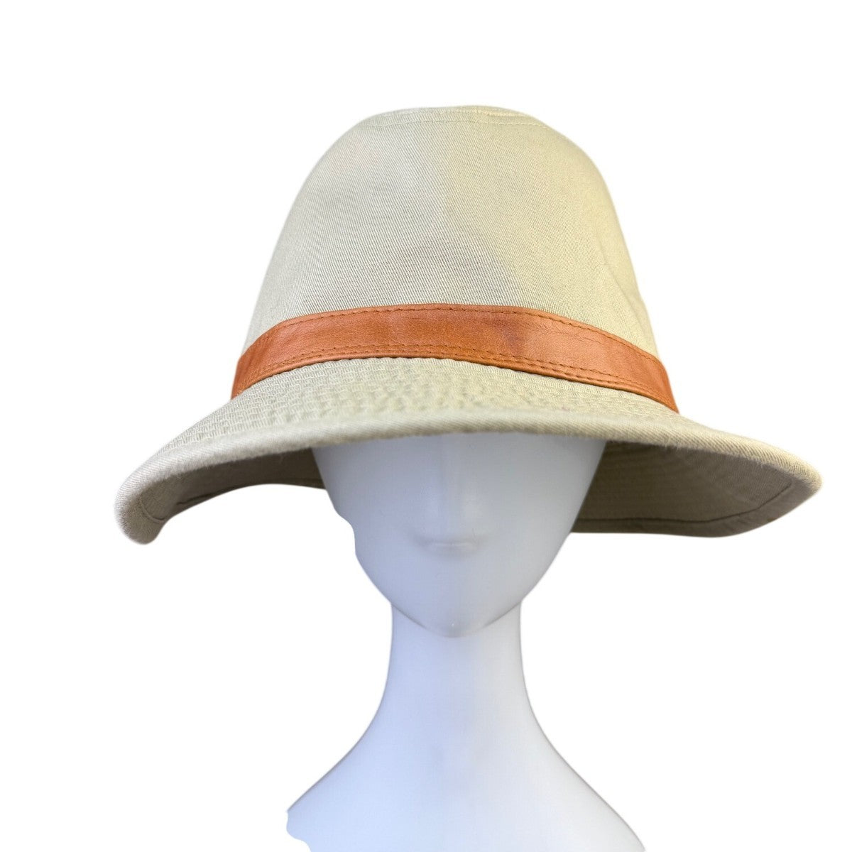 Scala Mens Beige Canvas Bucket Hat W/ Leather Band Sun Protection