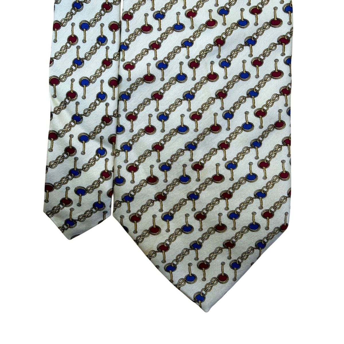 Tom James Mens Ivory Silk Tie Chain Link Red & Blue Pattern Elegant Made In USA